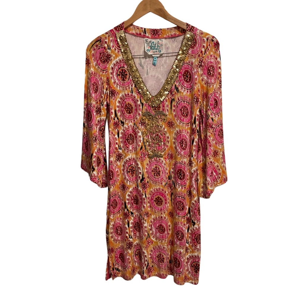 Faith Boho Tunic‎ Dress Sequin and Beaded V- neckline Multicolor